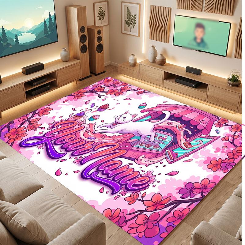 Cat Theme Crystal Velvet Floor Rug Personalized Custom Name Text Warm Carpet Home Decoration