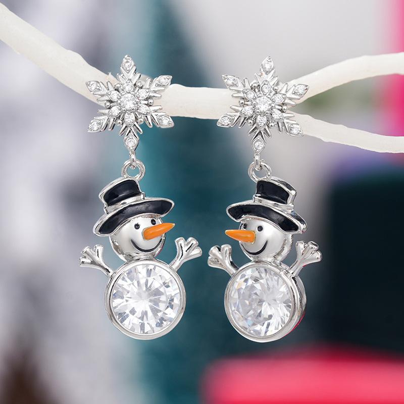 Christmas Snowman Snowflake Earrings Female, Romantic Christmas Wind Festive Atmosphere, Micro Inlay
