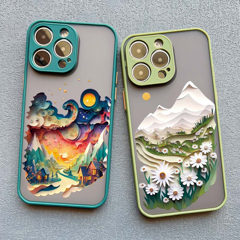 2D Printing Landscape Phone Case For iPhone 16 14 Pro 13 Mini 15 7 8 Plus SE2 XS X XR 12 Pro Max Creative Mountains Back Cover
