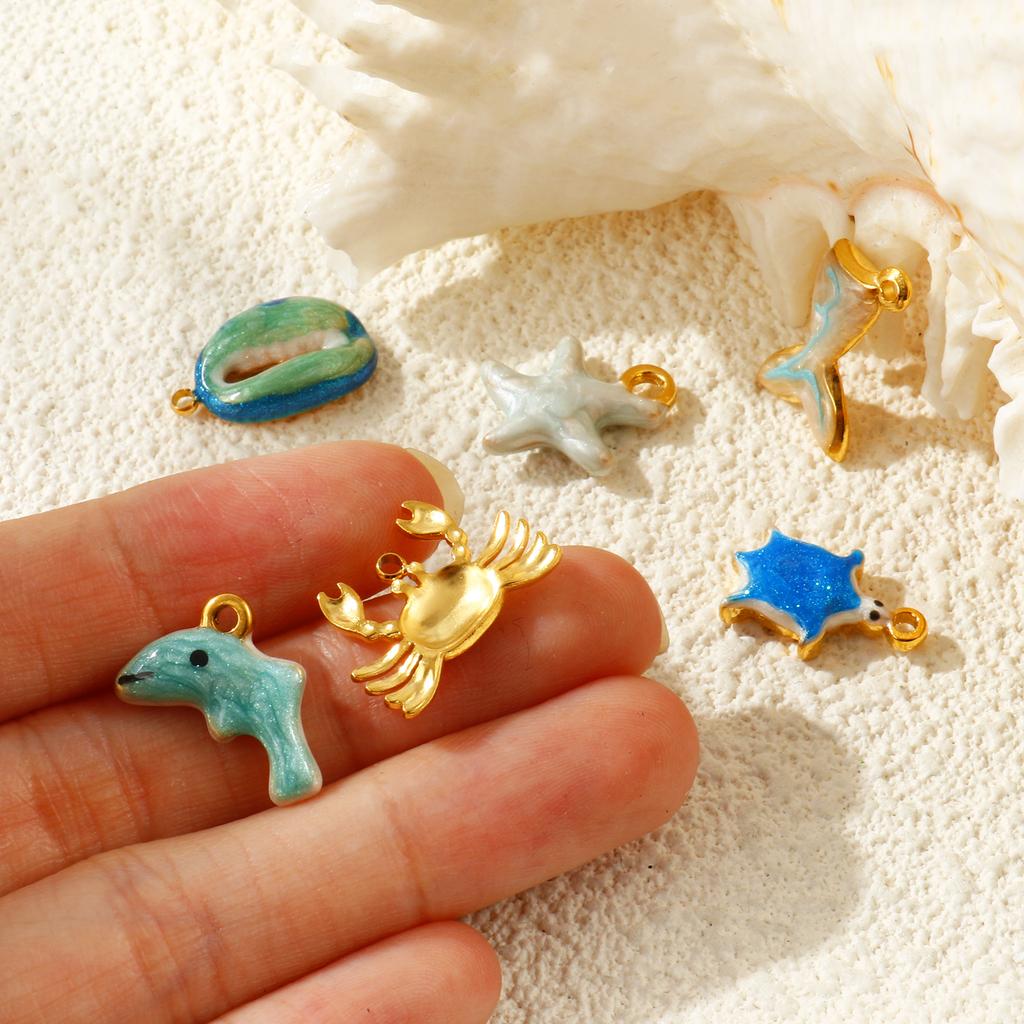 2Pcs 304 Stainless Steel Ocean Jewelry Charms Pearlescent Enamel Whale Turtle Starfish Crab 18K Gold Plated Pendant DIY Necklace