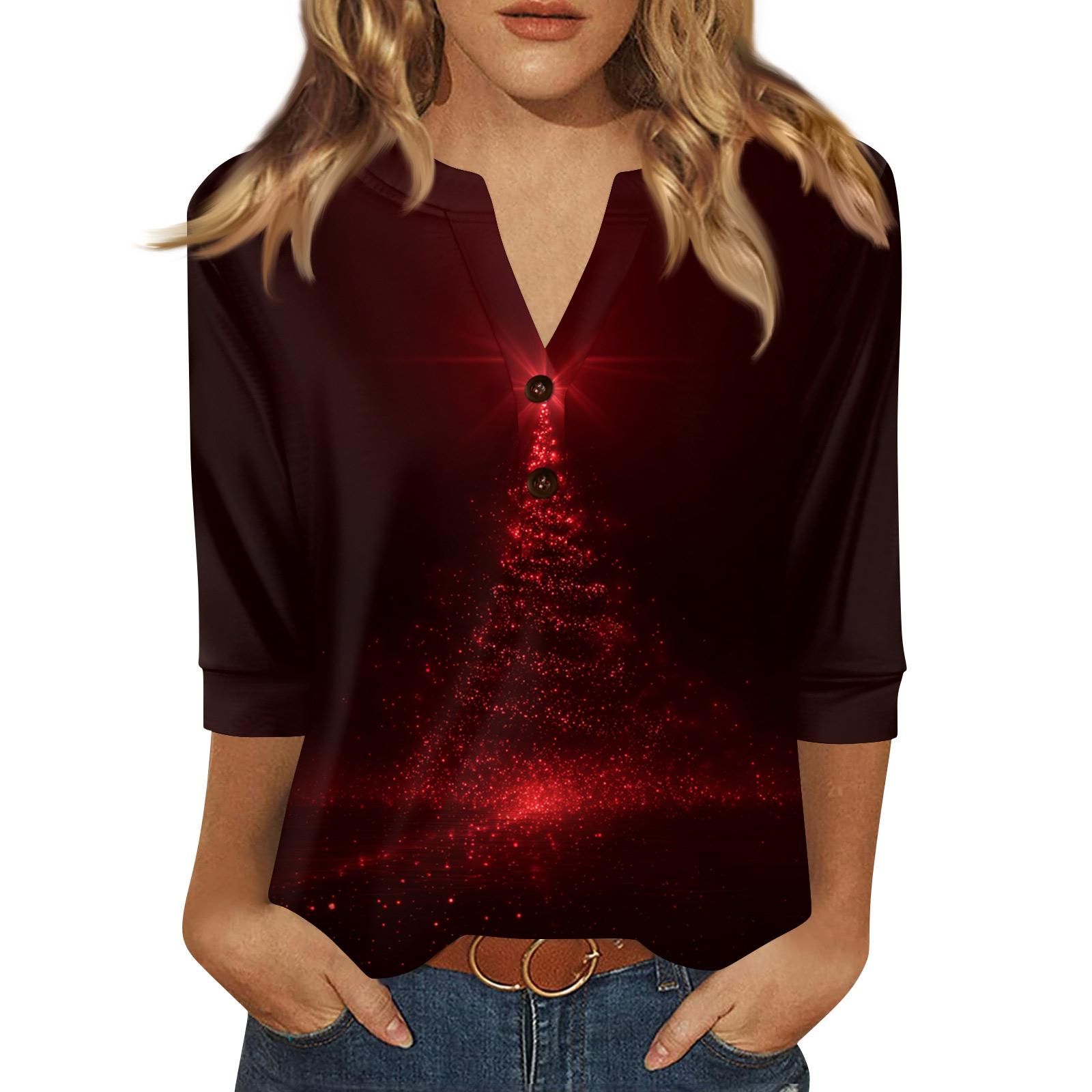 

Жен. Футболка С принтом Пуговицы Рукав 3/4 Повседневные Выходные Мода Классический Классический V-образный вырез Обычный Верх XL винный