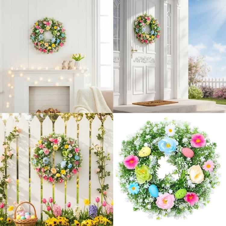 Bunter Plastik-Osterkranz mit simulierten Eiern und Blumen Handgefertigte Girlanden für Festival-Heimparty-Dekoration