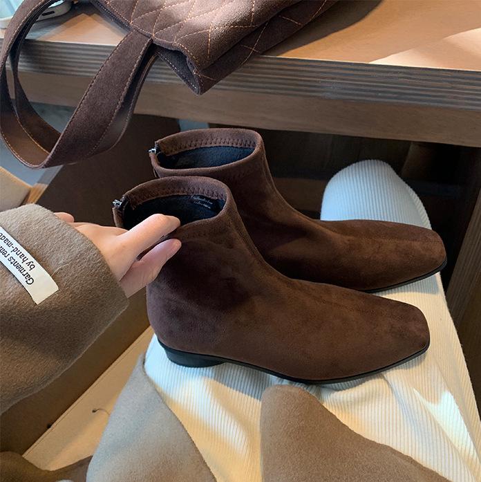 Grape Mom's Korean Retro Square Toe Suede Chunky Heel Martin Boots for Women - Height-Enhancing, Versatile Autumn/Winter Short Boots