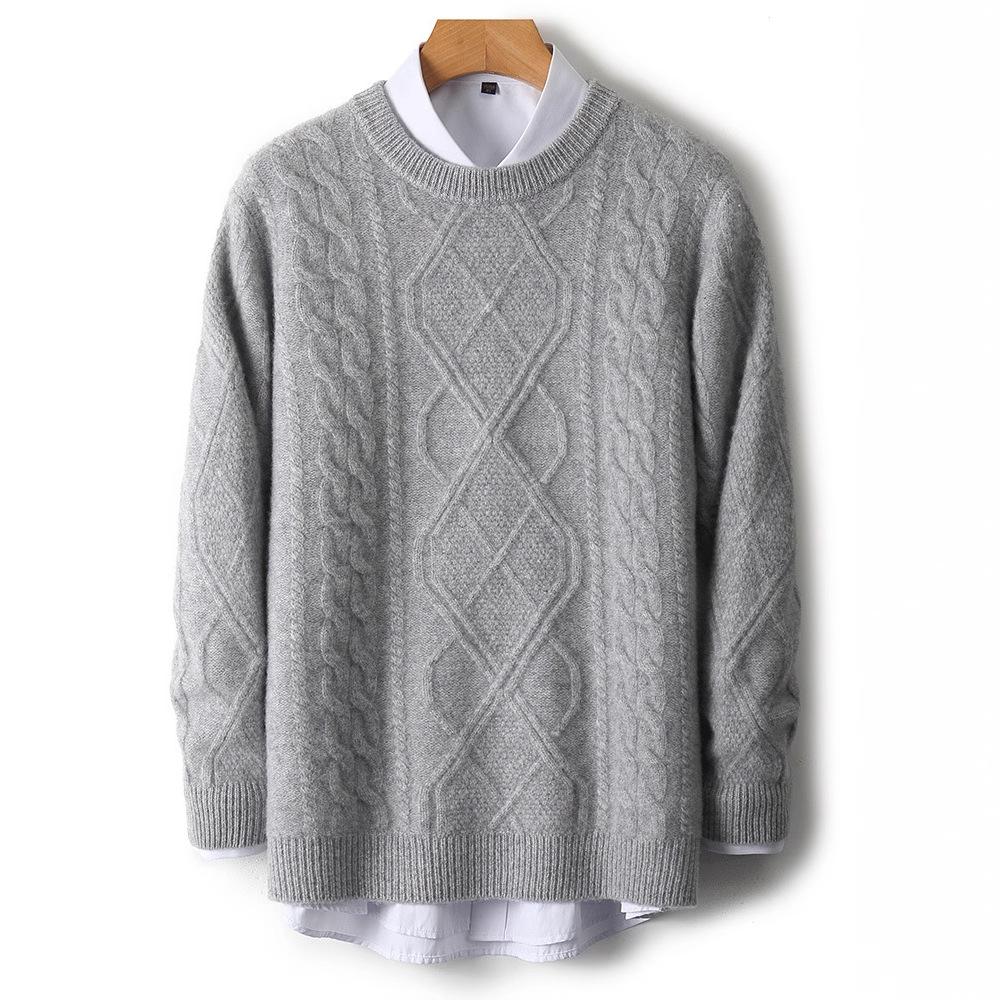Men's Casual 100% Wool Thickened Sweater - Five-Needle Large Diamond Jacquard Knit
