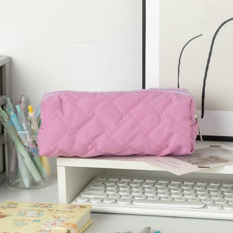 Quilted Geometric Pattern Large-capacity Student Stationery Bag Pencil Case Solid Color Stationery Simple Storage Bag Stationery Box New