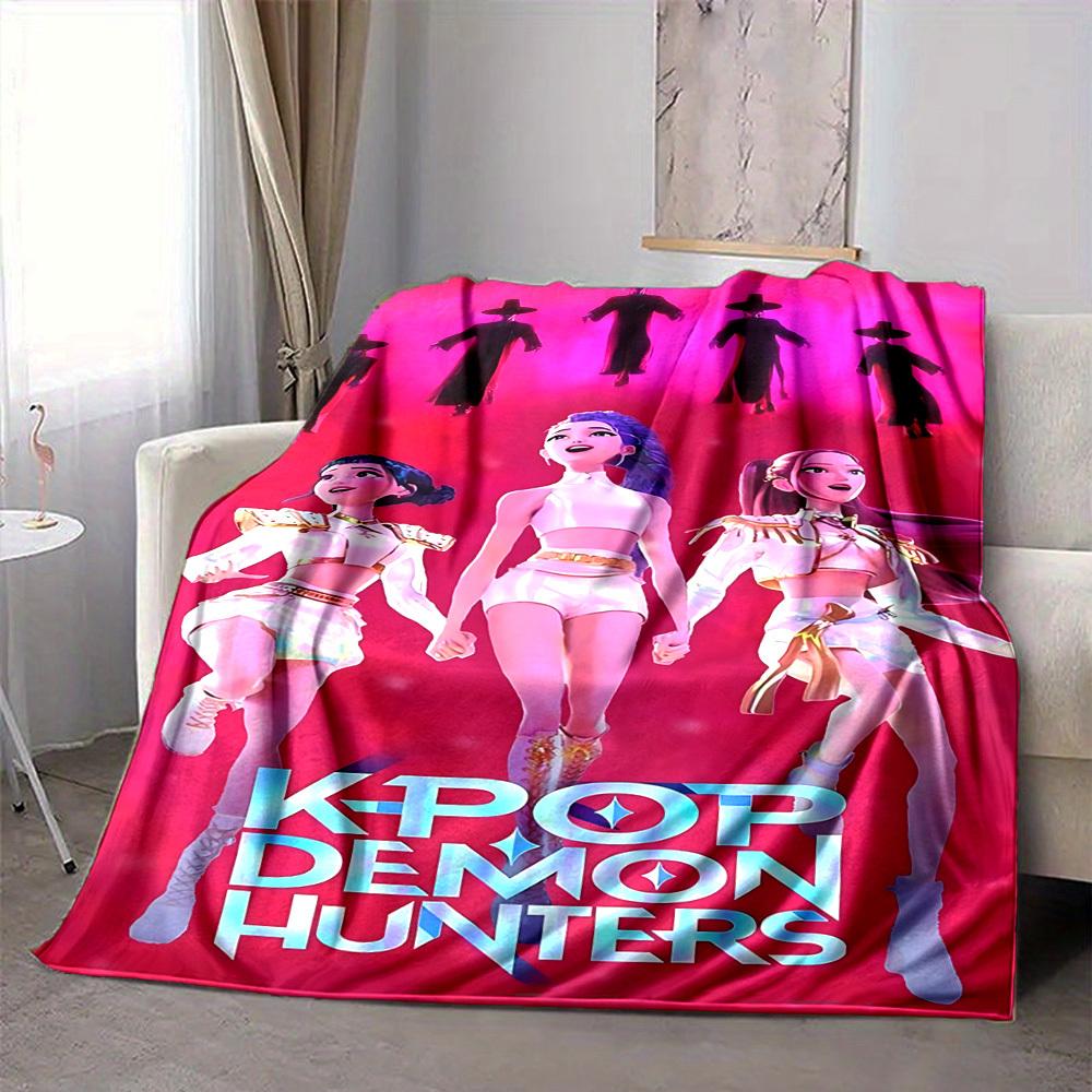 1pc Huntrix, K POP, DEMON Flannel Blanket [Cozy Throw Blanket] For Sofa, Bed, Travel, Camping, Livingroom, Office, Couch, Chair, And Bed