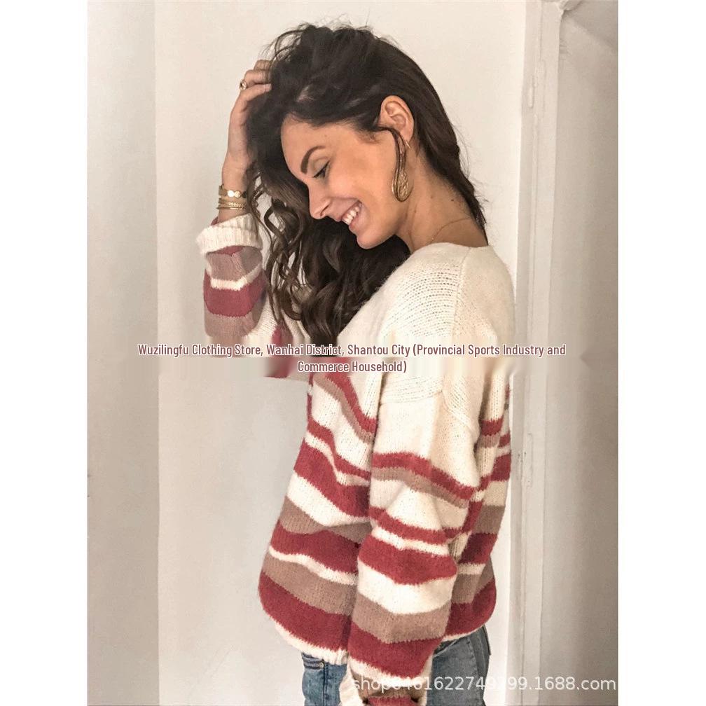 European & American Women's V-neck Striped Patchwork Knit Sweater - Autumn/Winter Collection