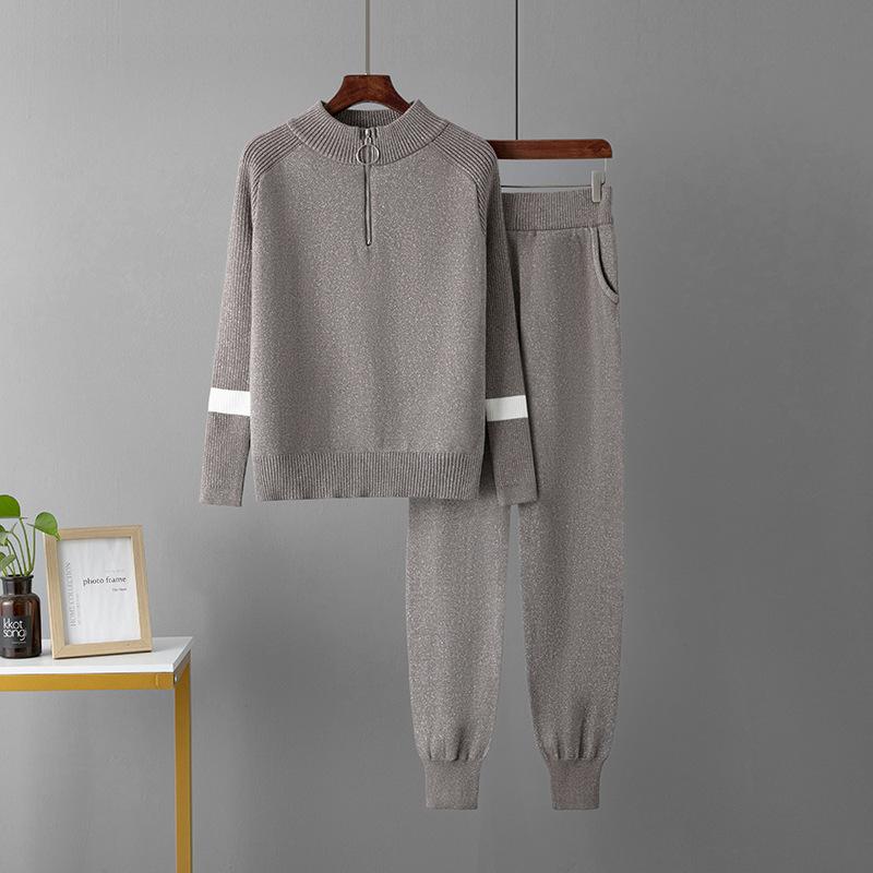 Women Casual Knitted 2 Piece Sets Korean O-neck Knitwears Zipper Sweater Pullover Tops Conjuntos High Waist Sweatpants Outfit