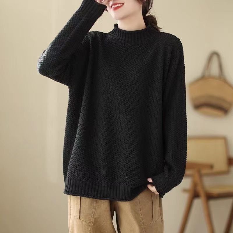 Women's Loose Stand Collar Sweater Autumn Winter Vintage Soft Skin-Friendly Solid Color Sweater