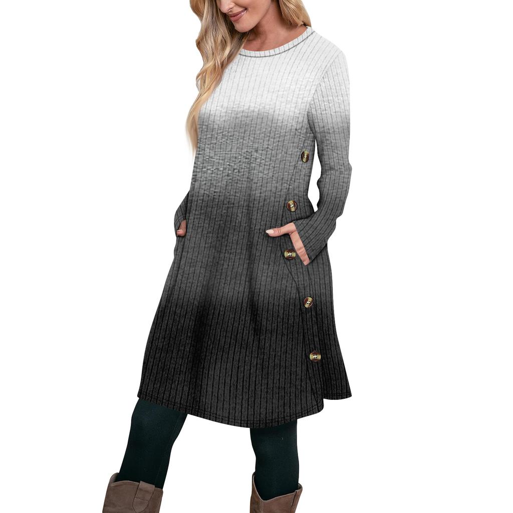 Women's Fashion Casual Long SleeveTunic Dress With Pockets Side Button Dress