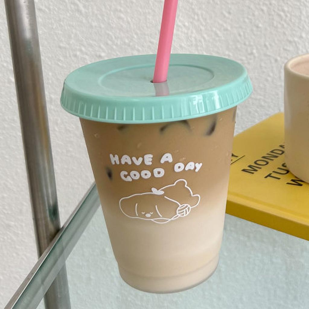 Plastik Kaffeetasse Großes Fassungsvermögen Niedliche Wasserbecher Mit Strohhalmdeckel für Sommer Kaltes Trinken Hund 470ml