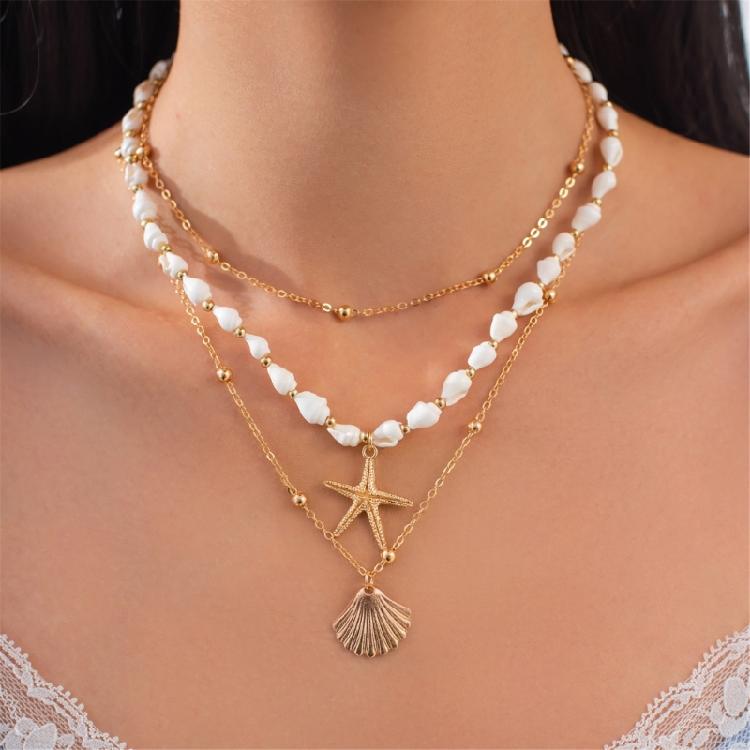 Adjustable Clavicle Chain Starfish Seashells Pearls Necklace Set Bohemian Beach Jewelry for Women Stylish Outfits