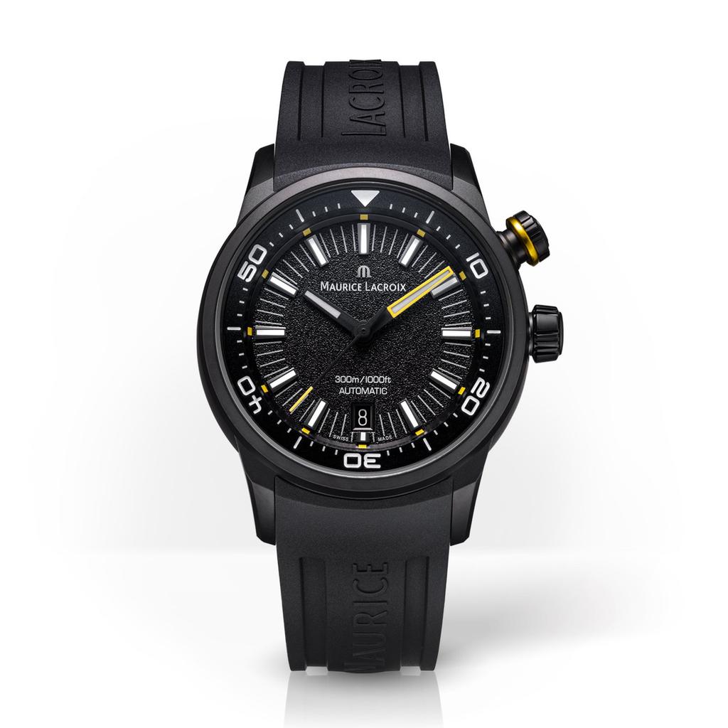 Maurice Lacroix PONTOS S Diver 42mm Revestimento DLC Preto Mostrador Preto Granulado Pulseira de Borracha Relógio Automático Masculino (PT6248-DLB00-330-2)
