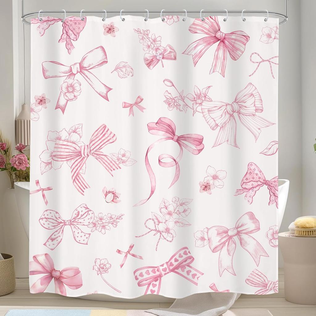 Pink Black Bow Shower Curtain Cherry Girly Preppy Modern Fruit Pretty Sweet Aesthetic for Girls Teens Cloth Fabric