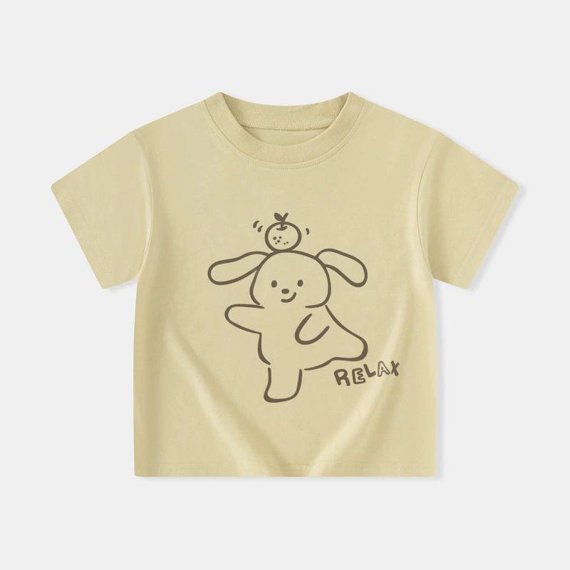 Summer Children s Clothing Boys  Pure Cotton Short-Sleeve T-Shirt Kids  Rabbit Watermark Top Boys  Half-Sleeve Girls  Solid Color Clothes Dt8391 Apricot 110