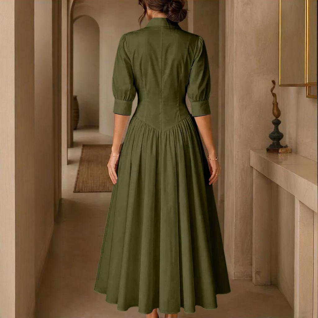 Dames Elegante Knopen Voorkant Hoge Taille Katoen Linnen Jurk met Zakken, Kleur, Casual Zomer Midi Jurk
