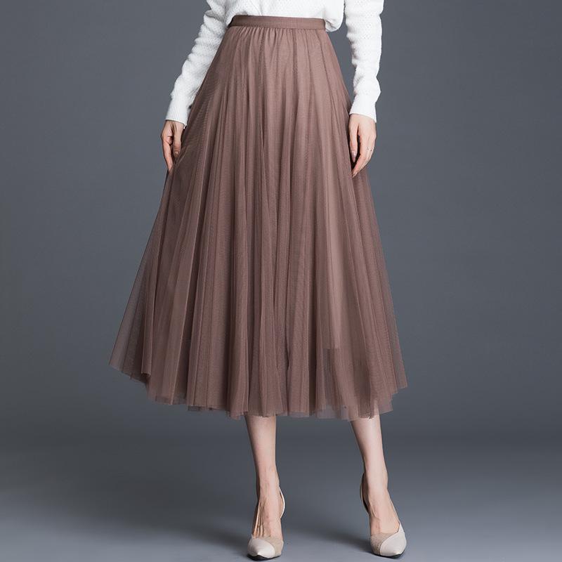 Women's High-Waist Mid-Length Pleated Mesh Skirt