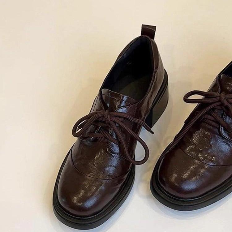 Damskie Sznurowane Baleriny ze Skóry na Obcasie, Szpilki, Buty na Grubej Podeszwie