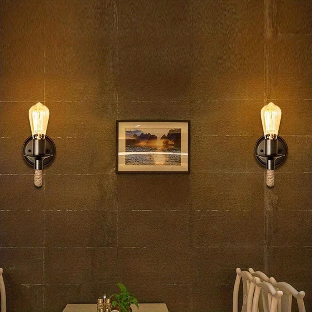 Duvar Aplik Vintage Kenevir Halat Duvar Lambası Ahşap Duvar Lambası E27 İç Mekan Loft Dış Mekan Duvar Endüstriyel Lamba Duvar Aydınlatmaları (Ampul Yok)