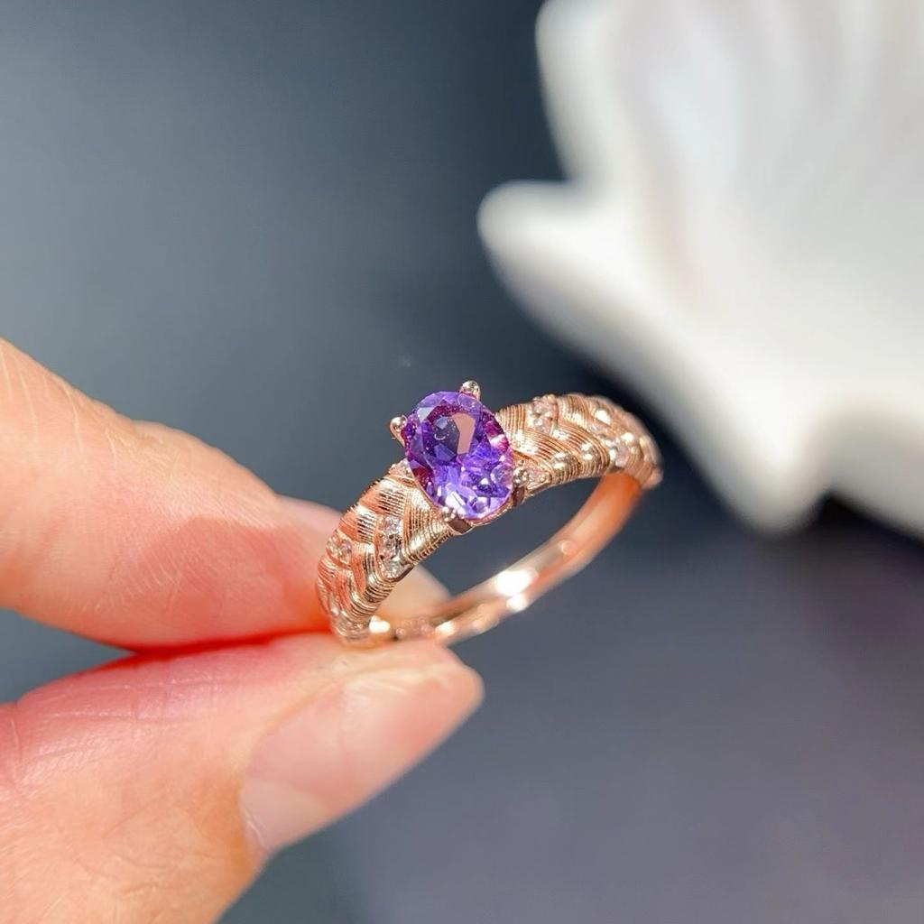 Purple Crystal  Copper Ring 5X7Mm 0.7Ct Natural Amethyst Ring With Jewelry Certificate Gold Plated Copper Amethyst Jewelry