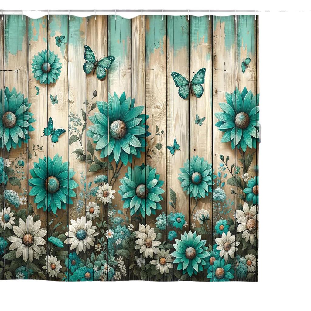 Temu Wooden Door Shower Curtain with Butterflies & Flowers Design, Polyester Digital Print, Bathroom Curtain