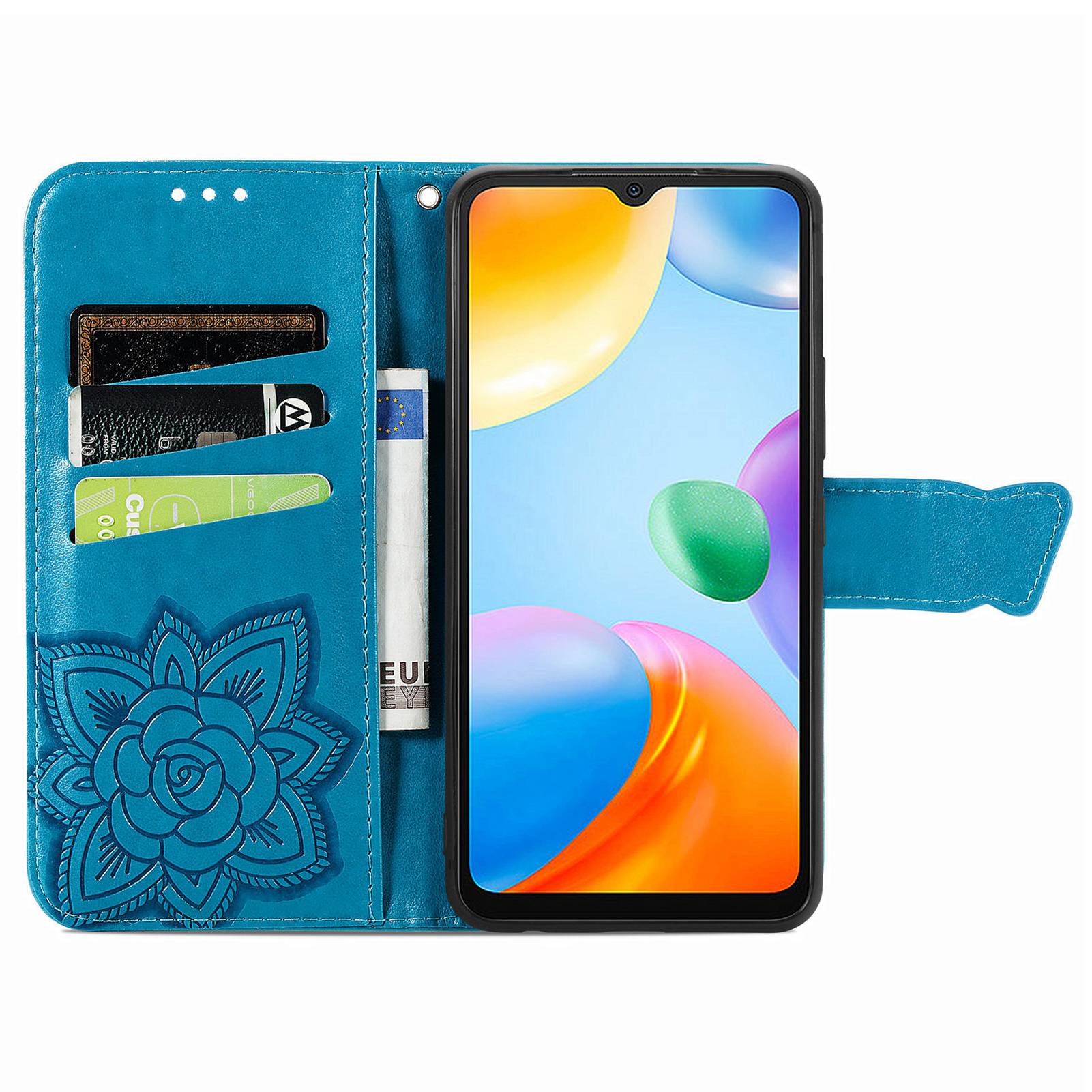 

Butterfly Imprinted Phone Cover for Xiaomi Redmi 10C 4G PU Leather Case Stand Wallet Inner TPU Shell with Strap Blue