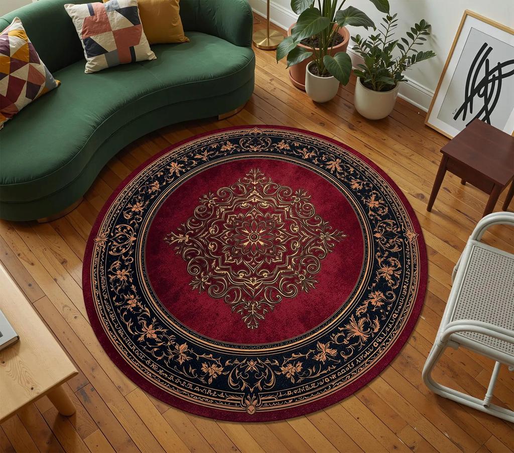 Magical Sunset Tree Of Life Border Ornament Non Slip Large Round Rug Spiritual Boho Meditation Space Floor Mat