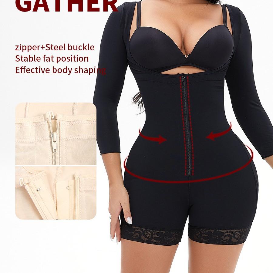 Long Sleeve Adjustable Straps Full Body Shaper, Front Zipper Hook Tummy Control Butt Lifter Shapewear