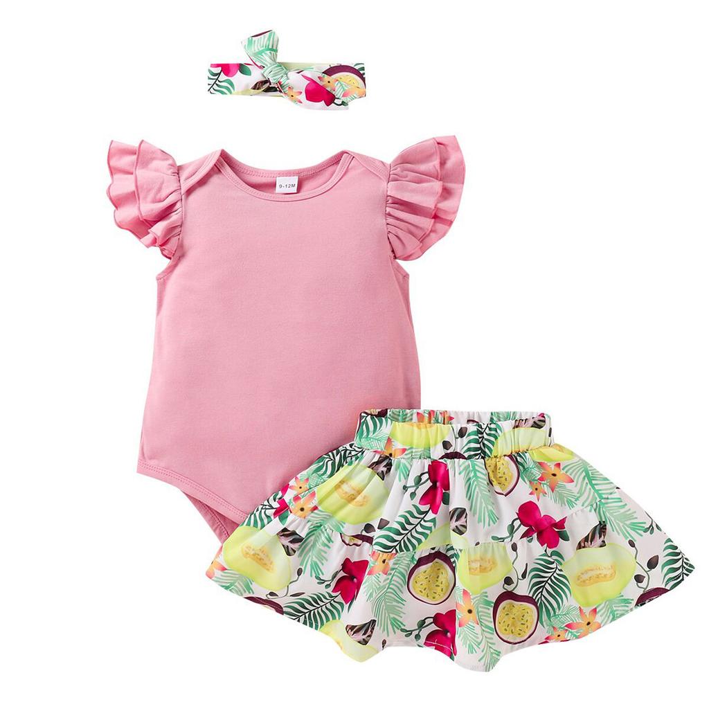 Newborn Infant Baby Girls Fly Sleeve Romper Floral Skirt Hairband Outfits Sets