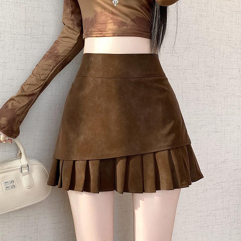 Women’s Retro Coffee Suede Pleated A-Line Skirt - High Waist, Irregular Hem, Autumn/Winter Style L