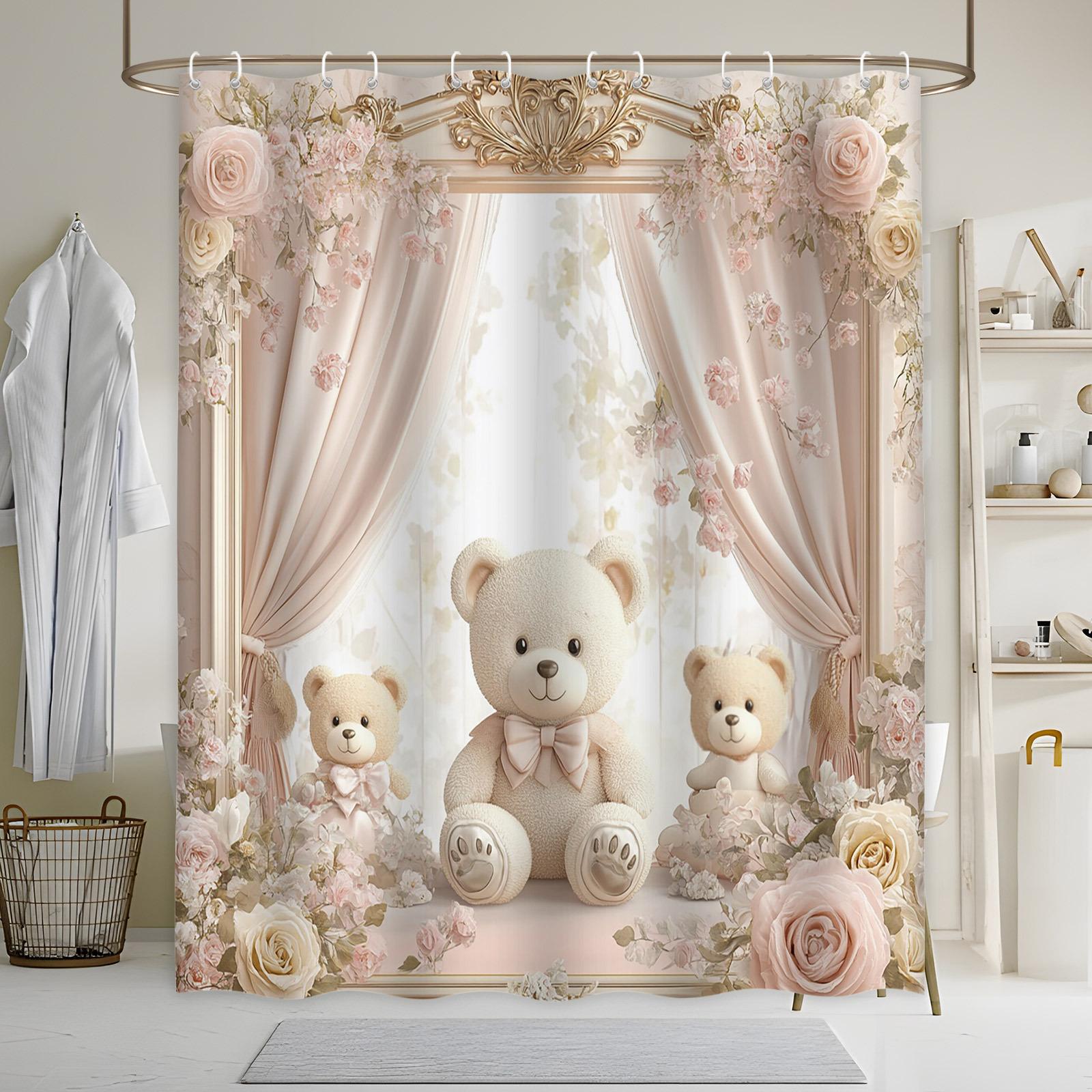

Cozy Nursery Bath Curtain - Plush Teddy Bears & Pink Roses, Whimsical Design, Polyester, Machine Washable, Nursery & Bath Decor W60H190(CM)-1 Pcs