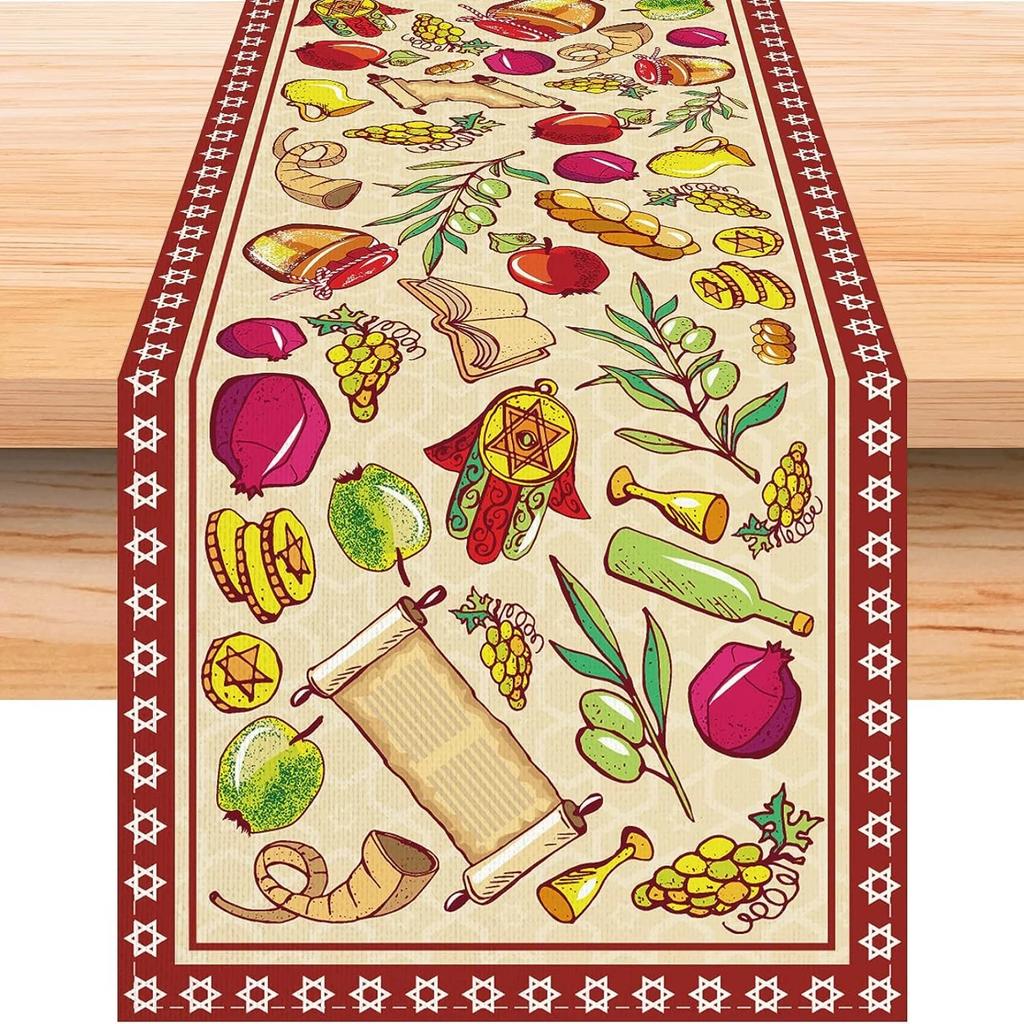 Shana Tova Linen Table Runners Jewish Holiday Table Decor Reusable Kitchen Dining Table Runners Rosh Hashanah Decorations