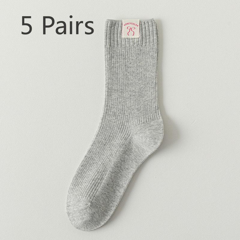 5 Pairs Socks Autumn Women's Cream Double Needle Thickened Pile Socks Bowknot Cloth Label Tide Socks