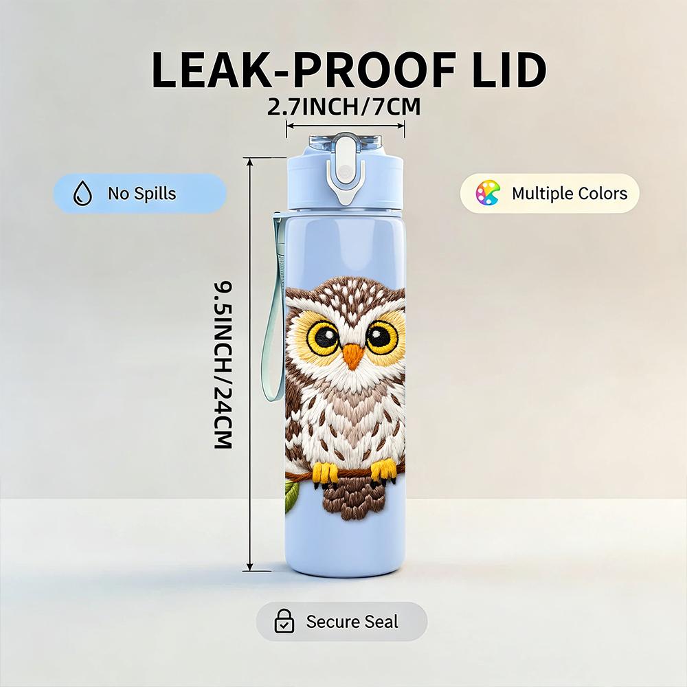 1PC Brown White Forest Owl Bust 750ml Color Plastic Water Bottle Leakproof Flip Straw Lid For Sports Office Home Use