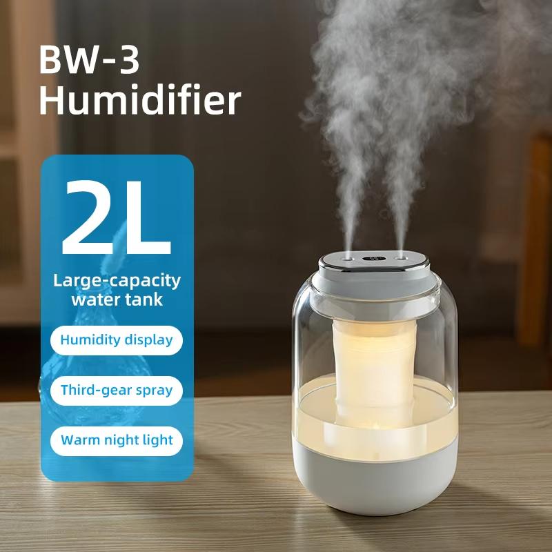 2.5L Large Capacity Ultrasonic Cool Mist Humidifier Dual Spray USB Powered with Night Light
