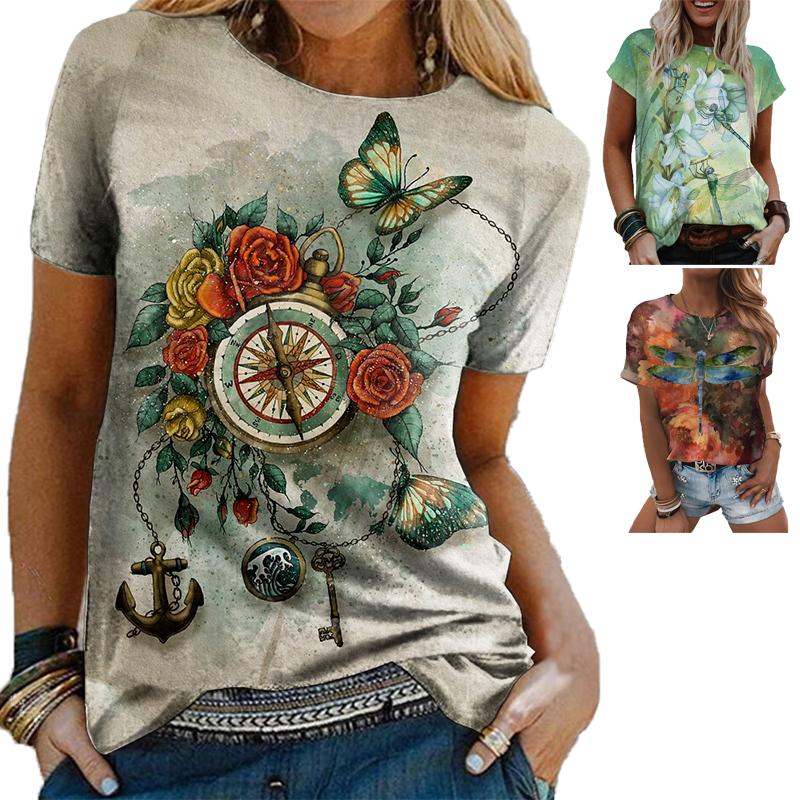 

Женщины цветочное животное тема живопись Футболка цветочный животный принт узор бабочка стрекоза принт круглая шея основной топ