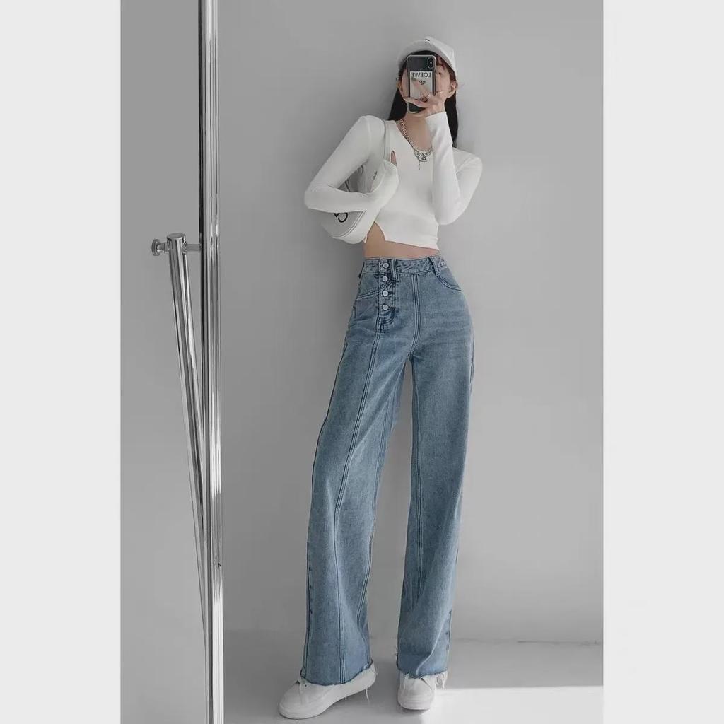 HyunA Style Irregular Buttoned High-Waist Jeans for Women - 2022 Spring Raw Edge Straight Drape Mopping Trousers.
