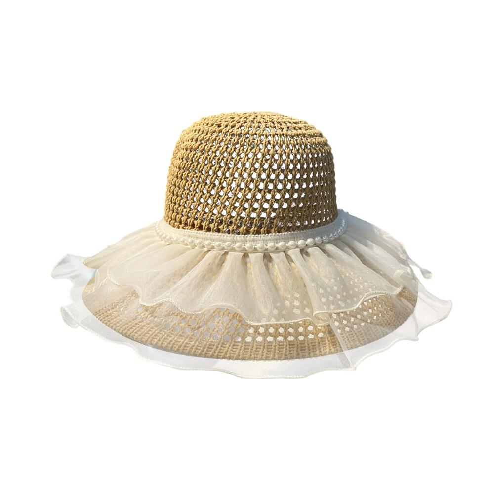 (One Size, Khaki) Women's Woven Sun Hats Outdoor Fashionable Mesh Pearl Wide Brim Sun Protection Beach Hat