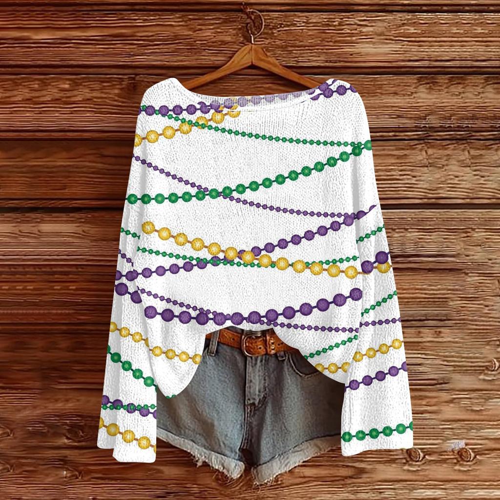 Women's Fashion Round Neck Long Sleeve Print Casual Pullover Sweater Top