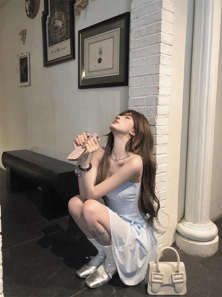 Summer French Bow Strap A-line Dress for Women - Blue Multi-wear Short Skirt