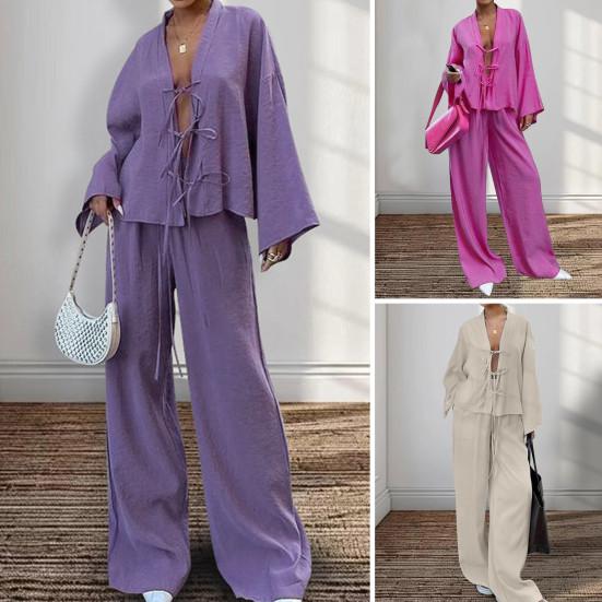 Yousheng 2 Stück/Set Damen Hemd Hosen Set Schnür-Strickjacke Langarm-Bluse Weite Hosen Vollständige Länge Hosen Hauskleidung Lässiges Outfit Pyjama Anzug