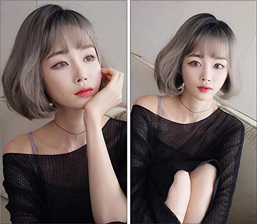 Brooklyn Wig with Bangs, 3D Gradient Hairstyle, Nape, Volume, Curly, Straight, Whorl, Heat Resistant, Natural Volume (Ash Gray Print)
