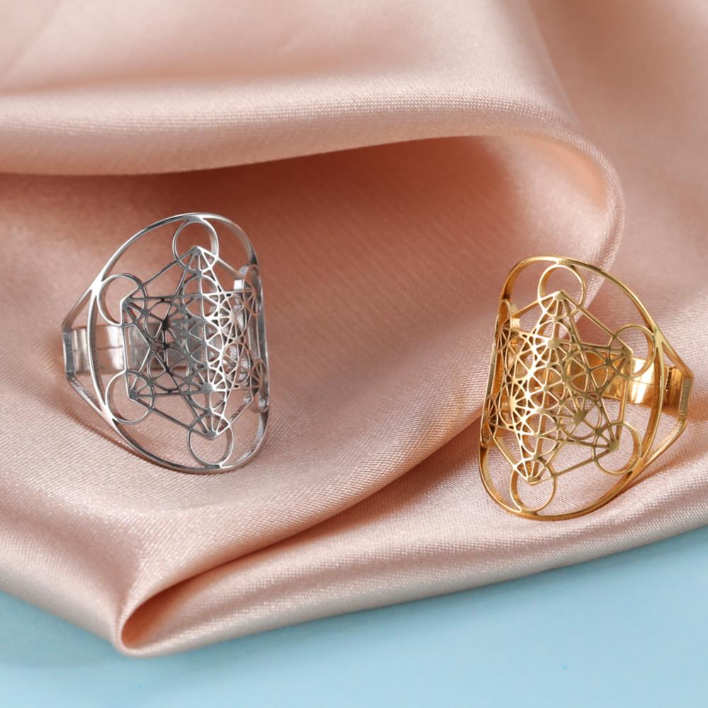Adjustable Angel Seal Archangel Metatron Cube Ring Stainless Steel Sacred Geometry Spiritual Jewelry Gift for Men Women