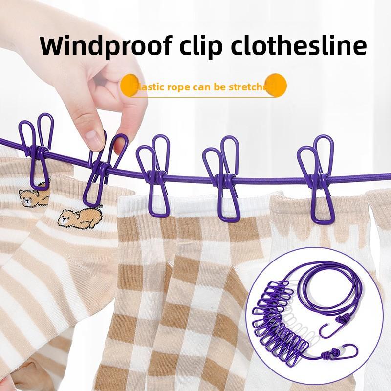 1.8m Portable Travel Elastic Clothesline With 12 Clips Retractable Outdoor Laundry Drying Rope