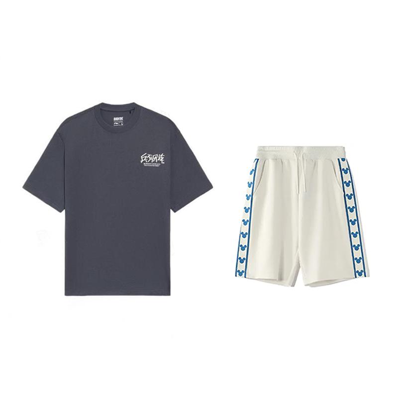 

Li-Ning Solid Color Letter Round Neck Pullover Short Sleeve T-Shirt Comfortable Versatile Skin-Friendly Shorts Casual Sports Set YHSV281-2+YKSV129-1 S
