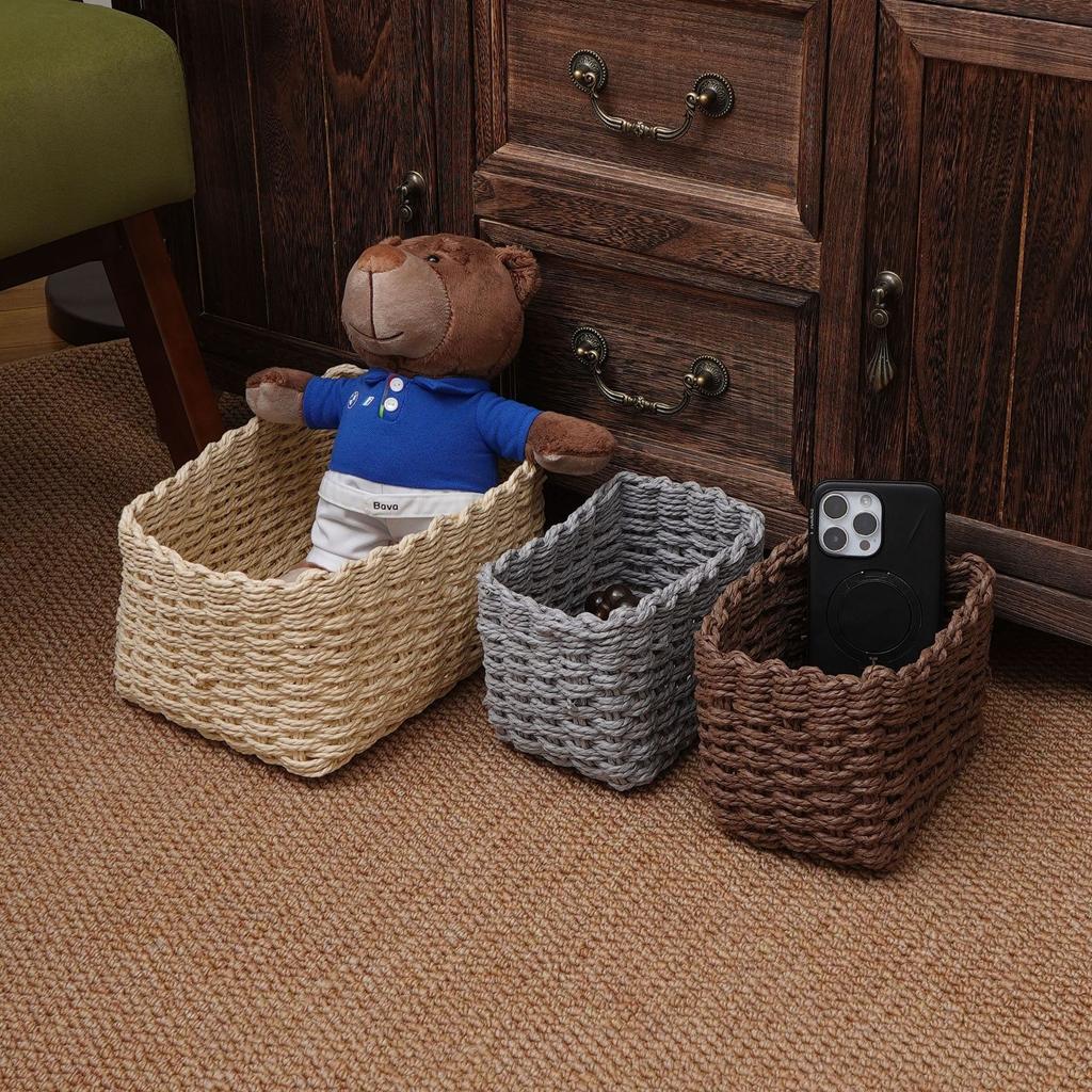 3pcs Hand Woven Paper Rope Storage Basket, Natural Rattan Look for Home Decor, Round Organizer for Living Room, Bedroom