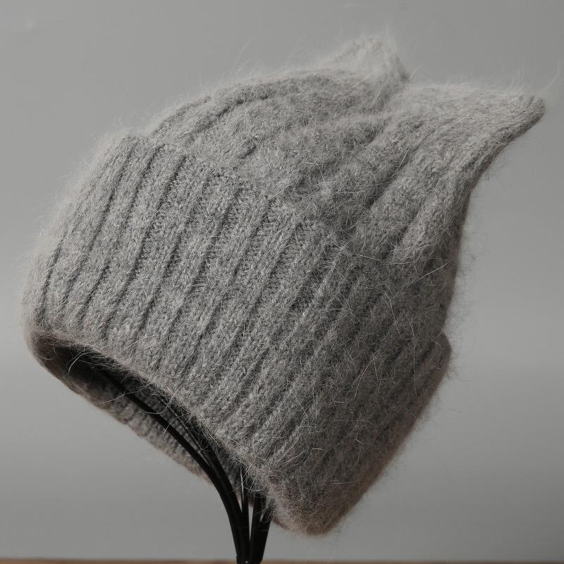 Angora rabbit fur hat autumn and winter knitted plush cat ear shape warm cute ladies casual hat