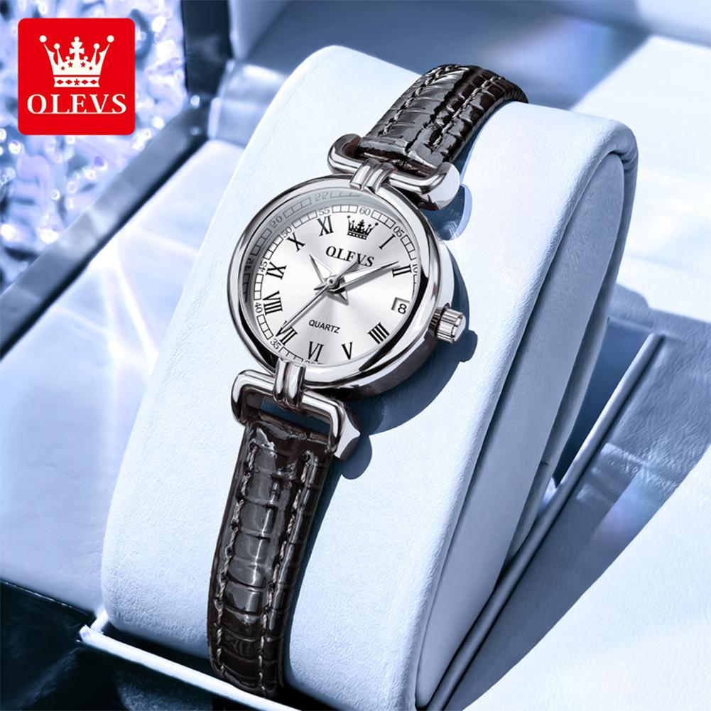 OLEVS Luxury Original Woman Round Watch Brown Small Leather Strap 3ATM Waterproof Date Elegant Quartz Ladies Wristwatch