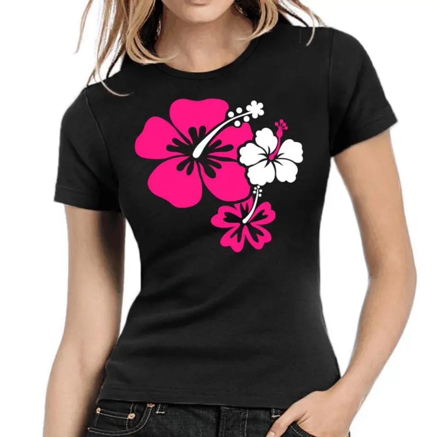 Hibiscus Flowers Retro Iconic Women Lady Ladies Girlie T shirt S чёрный