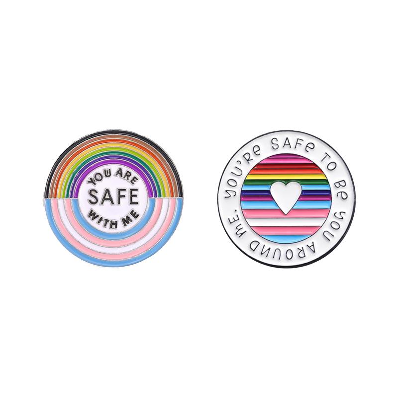 LGBT Rainbow Pride Enamel Pins You Are Safe With Me Round Brooches Lapel Badge Jewelry Gifts For Gay Lesbian Homosex Friends